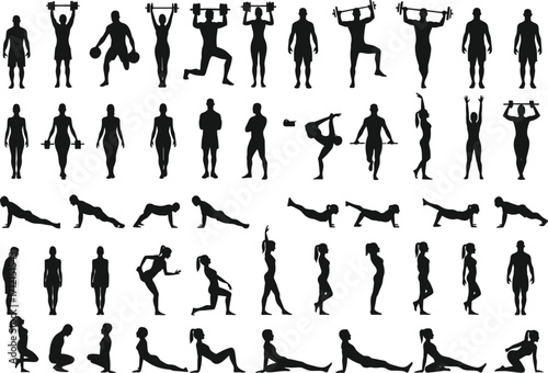 Fitness silhouette vector, workout poses, gym training icons, yoga, stretching, squats, lunges, push-ups, weightlifting, body exercise, healthy lifestyle illustration