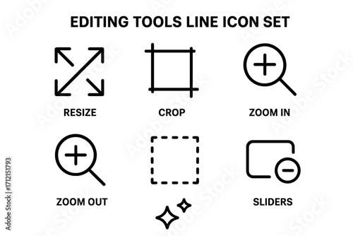 Photo editor line icon set. UI UX kit for web and mobile app design. Vector symbols collection of resize, crop, zoom, adjust, select, effects, and sliders icons.