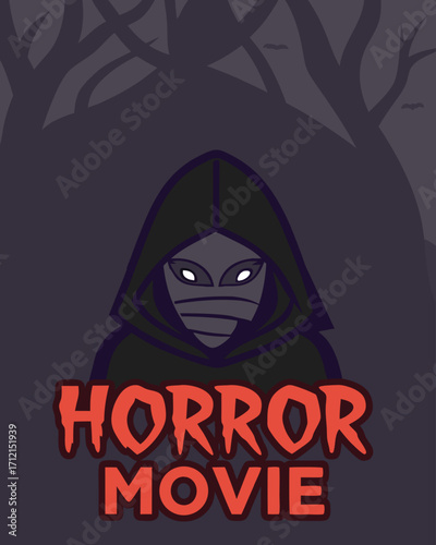 Mysterious hooded figure with glowing eyes and text HORORMOVIE horror movie