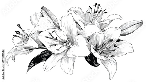 Elegant Monochrome Black and White Lily Bouquet Isolated on White Background