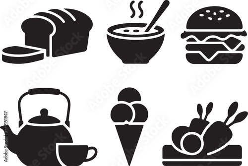 Delicious food icons: bread, soup, burger, tea, ice cream, roast