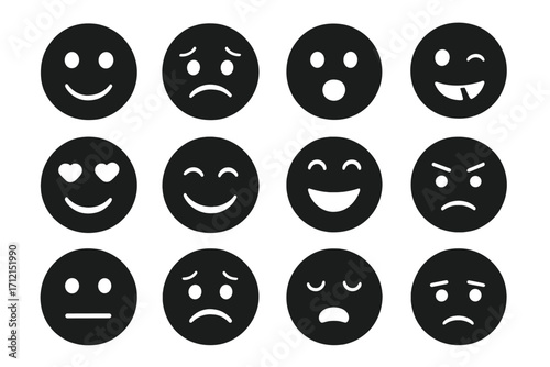 Emoticon solid icon set. Expressive faces collection. Emoji and mood character symbols for chat. Vector cartoon illustration of feelings and emotions like happy sad or angry.