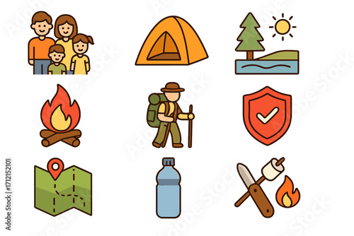 Family camping and hiking adventure icon set. Outdoor travel, safety, and camp essentials collection. Vector cartoon icons for nature exploration and recreation.