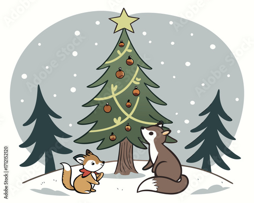 A magical Christmas night scene with a decorated tree in the forest, glowing lights, woodland animals gathered around, snow gently falling, and a golden star shining at the top of the tree.