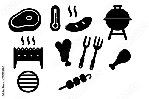 Grill BBQ silhouette icon set. Barbecue cooking food symbols. Meat, steak, sausage, chicken leg, skewer. Outdoor picnic party equipment. Vector glyph icons for design.