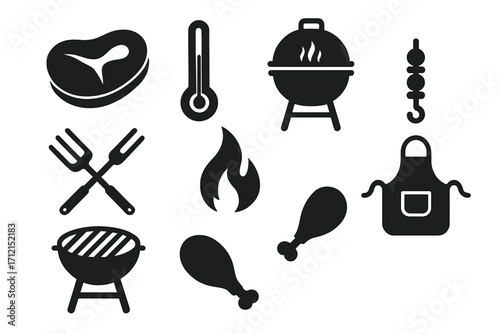 BBQ cooking silhouette icon set. Food, meat and grill tools vector collection. Steak, temperature, flame, chicken, skewer, apron and bbq forks. Barbecue party elements.