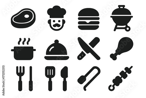 Food and cooking solid icon set. Meat, chef, and grill icons collection. Vector pictogram illustration. Restaurant, kitchen, barbecue, steak, and hamburger symbols.