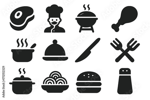 Food cooking solid icons. Restaurant menu concept. Barbecue grill, steak meat, chef cook, kitchen pot, chicken leg, pasta bowl, hamburger. Catering service vector symbol set.
