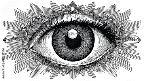 Mystical Psychedelic Eye in Black Outline with RA - Abstract Vision Eye Design