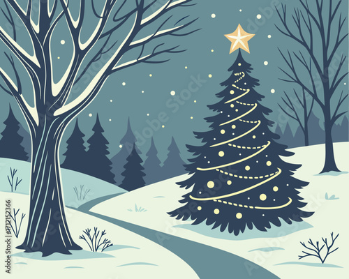 A magical Christmas night scene with a decorated tree in the forest, glowing lights, woodland animals gathered around, snow gently falling, and a golden star shining at the top of the tree.