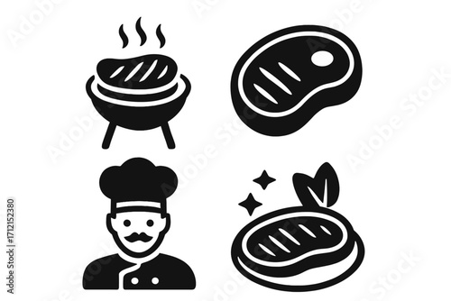 Grilled meat solid icon set for barbecue and cooking. Vector glyphs of steak, chef, and grill. Flavorful meal collection for restaurant menu, butcher shop, or BBQ party.