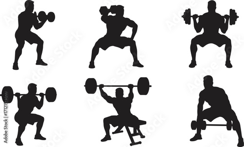 Silhouette of strong muscular man lifting dumbbell and barbell weights, fitness workout training exercise illustration, bodybuilding gym sport vector design