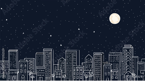 Modern Cityscape Outline with Buildings at Night - Abstract Urban Skyline Illustration
