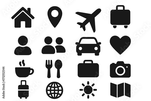 Home and travel silhouette icon set. Essential lifestyle and journey symbols collection. Vector glyphs of airplane, car, luggage, map, user, food, and location pin.