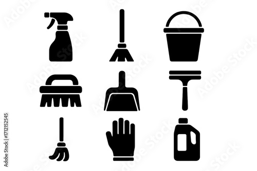 Home cleaning tools solid icon set. Household essentials for modern cleaning. Vector glyphs collection. Includes broom, mop, bucket, spray, brush, dustpan, squeegee, glove.