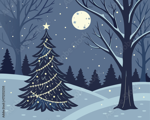 A magical Christmas night scene with a decorated tree in the forest, glowing lights, woodland animals gathered around, snow gently falling, and a golden star shining at the top of the tree.