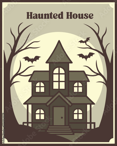 Spooky Haunted House Silhouette with Bats and Bare Trees halloween