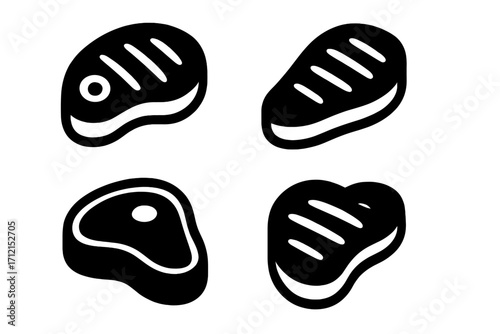 Meat steak silhouette icon set. Grilled cooking bold vector icons. Barbecue food concept. Raw beef, pork, t-bone, fillet steak cuts for butchery shop or restaurant menu.