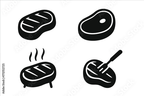 Meat steak silhouette icon set. Grilled cooking icons. Barbecue and grill vector pictograms. Beef, pork food concept for restaurant menu. Raw and cooked meat with fork.