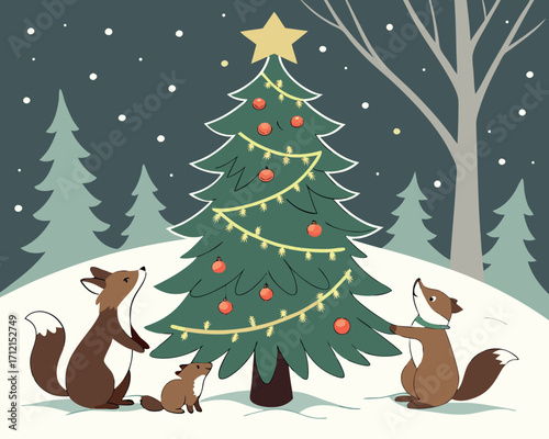 A magical Christmas night scene with a decorated tree in the forest, glowing lights, woodland animals gathered around, snow gently falling, and a golden star shining at the top of the tree.