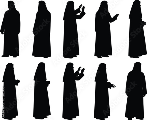 Silhouettes of robed figures in various poses, cultural attire vector, traditional clothing gestures, black human shapes, character design reference, isolated illustration