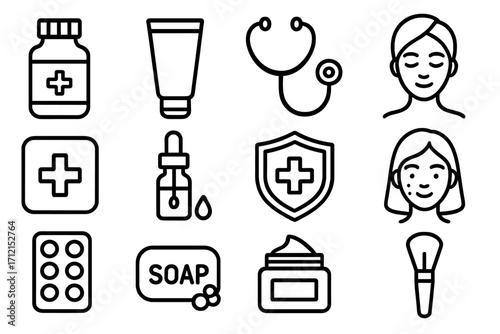 Medical and skincare line icon set. Health and beauty essentials for dermatology, pharmacy. Vector illustration with pills, cream, serum, soap, acne face, stethoscope.