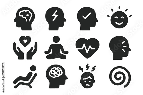 Mental health solid icon set. Psychology, stress relief, and wellness glyphs. Therapy, emotional state, and mindfulness symbols. Vector pictograms for brain and mind.