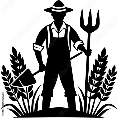 Farmer with pitchfork and crops silhouette  vector black , white background 