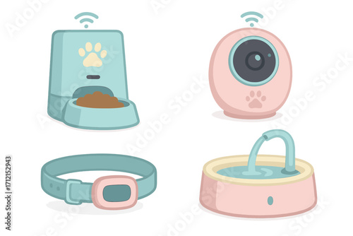 Set of modern pet gadgets. Smart devices for pets: automatic food dispenser, home camera, GPS tracker collar, and water fountain. Vector cartoon illustration of pet tech items.