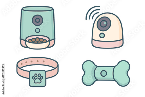 Modern pet tech gadgets vector icon set. Smart devices for animal care concept. Automatic food feeder, wifi camera, GPS tracker collar, electronic toy. Cartoon illustration.