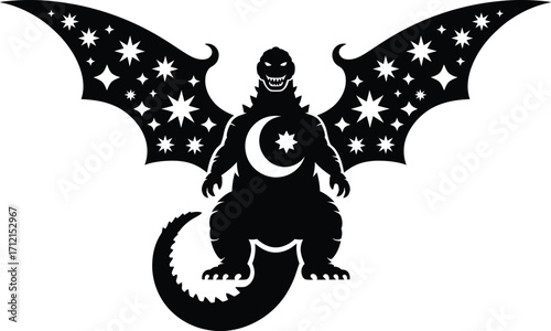 Black silhouette of a winged monster with moon and stars on wings white