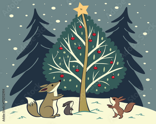 A magical Christmas night scene with a decorated tree in the forest, glowing lights, woodland animals gathered around, snow gently falling, and a golden star shining at the top of the tree.