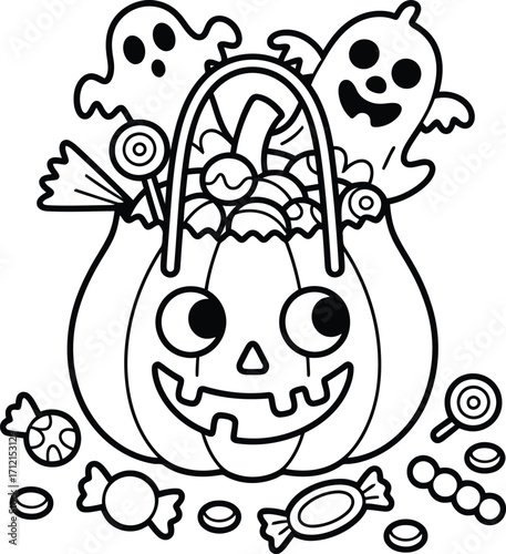 Whimsical halloween pumpkin bucket overflowing with candy and playful ghosts perfect for coloring and festive designs