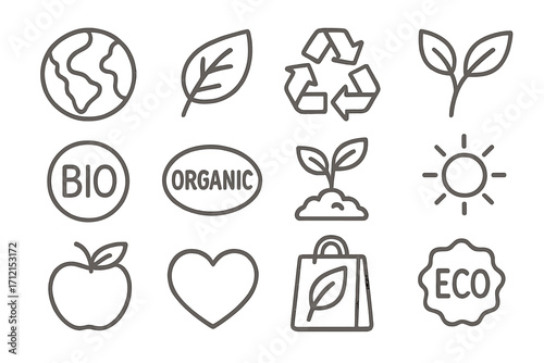 Organic nature outline icon set. Eco friendly, natural product, and bio vector symbols. Ecology, recycling, and vegan healthy food linear icons. Planet, leaf, and sprout.