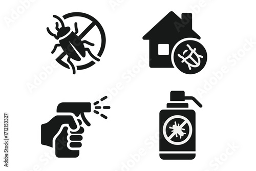 Pest control solid icon set. Infestation, prevention, and solution concept. Extermination service glyph collection. Vector icons of bug, cockroach, and insect home removal.