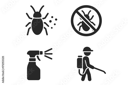 Pest control solid icon set. Infestation, prevention, solution glyphs. Bug, cockroach, insecticide spray, no insects sign. Exterminator, disinfection service vector symbols.