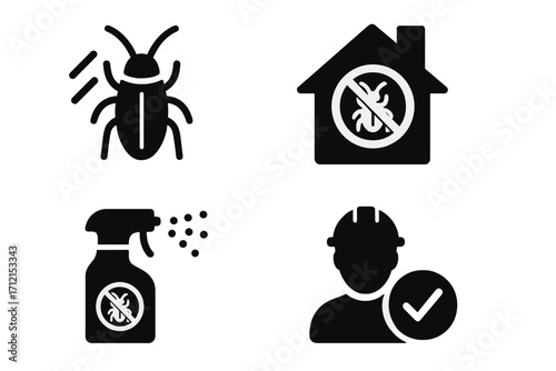 Pest control solid icon set. Infestation prevention and solution symbols. Exterminator service, insect spray, bug protection for home. Disinfection pictogram collection. Vector glyphs.