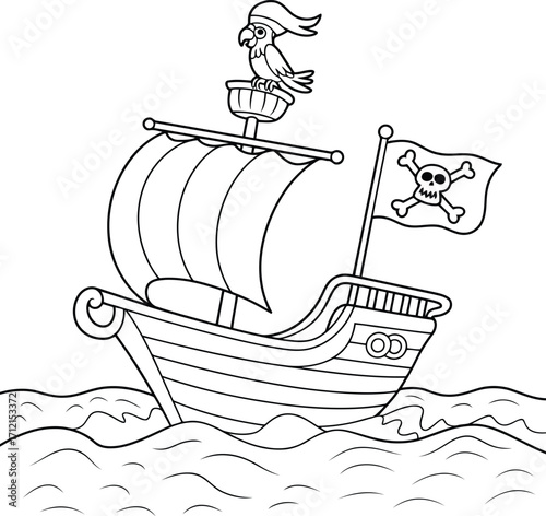 Whimsical black and white line drawing of a pirate ship sailing on wavy seas with a parrot on the mast and a jolly roger flag
