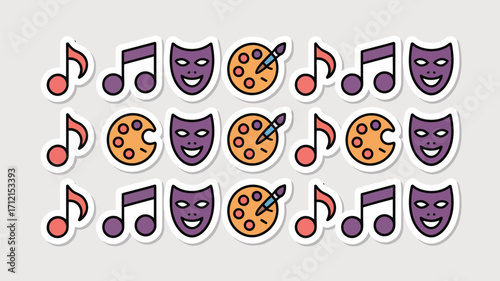 A pattern of music notes, theater masks and paint palettes arranged in rows on a light background
