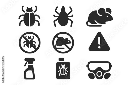 Pest control solid icon set. Disinfection service. Extermination icons. Bug, insect, spider, rodent, rat, mouse. Sprayer, poison, pesticide, gas mask. Warning sign. Vector.