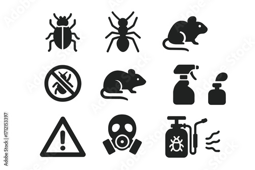 Pest control solid icon set. Disinfection service symbols. Insect, bug, rodent, rat, ant pictogram. Extermination equipment, sprayer, poison, gas mask and warning sign vector.