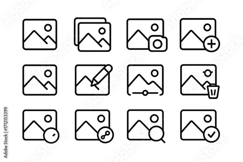 Photo management line icon set. Image gallery and picture tools outline collection. Vector icons for UI UX design. Includes edit, add, delete, share, and filter symbols.