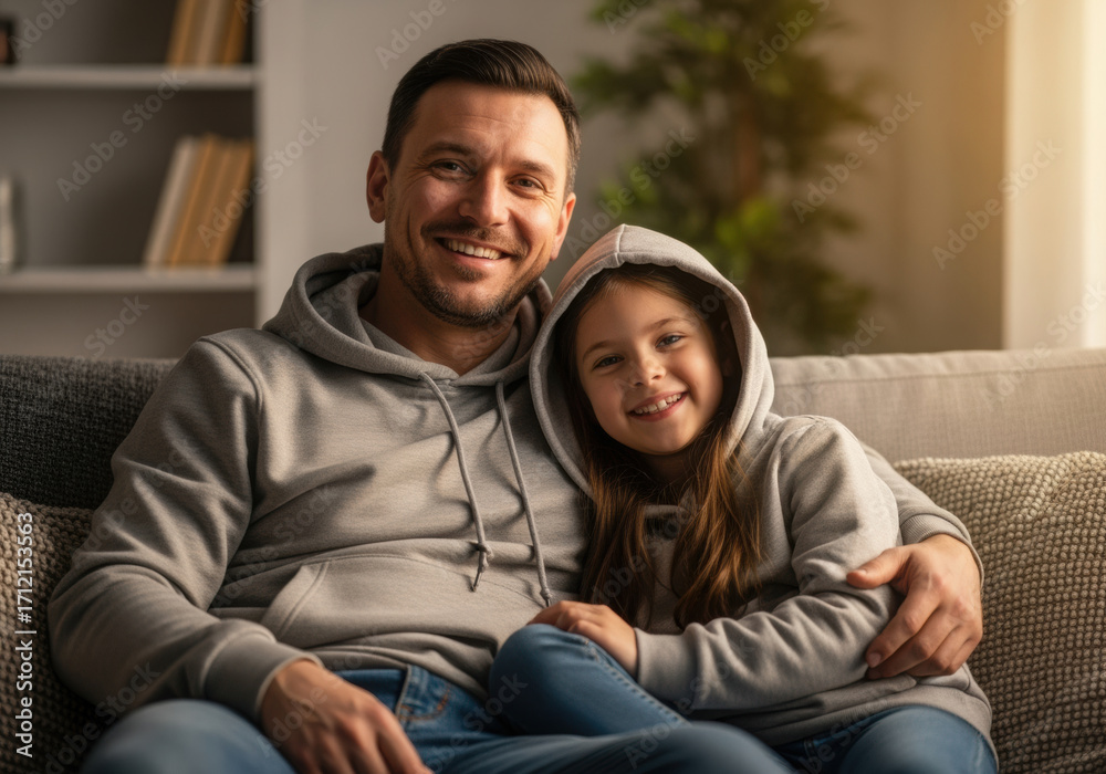 Obraz premium Happy young family relaxing on a couch together, hugging and smiling while watching television.