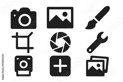 Photography tools solid icon set. Camera, editing, and gallery icons. Vector glyph collection for photo app interface, website design, and mobile application UI/UX.