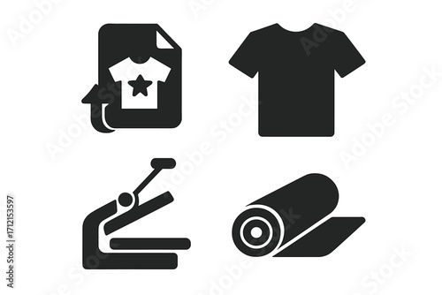 T-shirt printing solid icon set. Apparel heat press transfer and textile production icons. Garment customization, vinyl roll, and clothing design vector symbol collection.