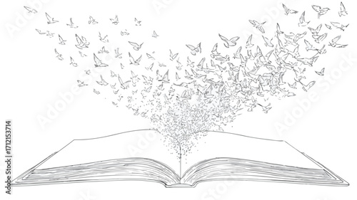 Open Book Transforming into Birds: Creative Outline Illustration