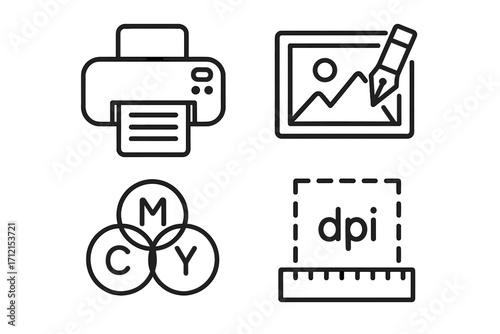 Printing essentials outline icon set. Graphic design and print production symbols. Vector collection with printer, CMYK color model, DPI resolution, and image editor tool.