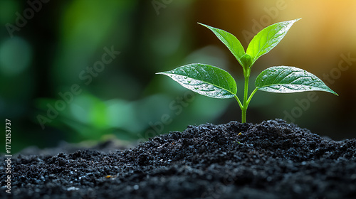 New plant sprouts from rich soil in a lush garden during early m