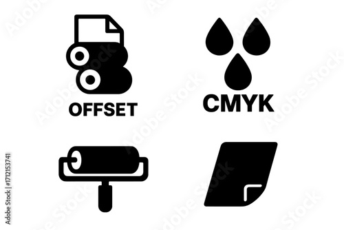Printing industry solid icon set. Offset printing machine, CMYK color drops, ink roller, and printing blanket glyph icons. Print shop equipment and supplies vector symbols.