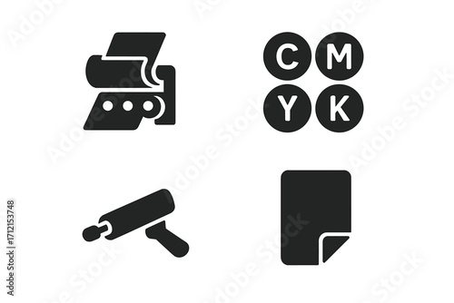 Printing industry solid icon set with offset press, CMYK color model, ink roller, and paper document. Vector glyphs for printshop, typography, and graphic design.